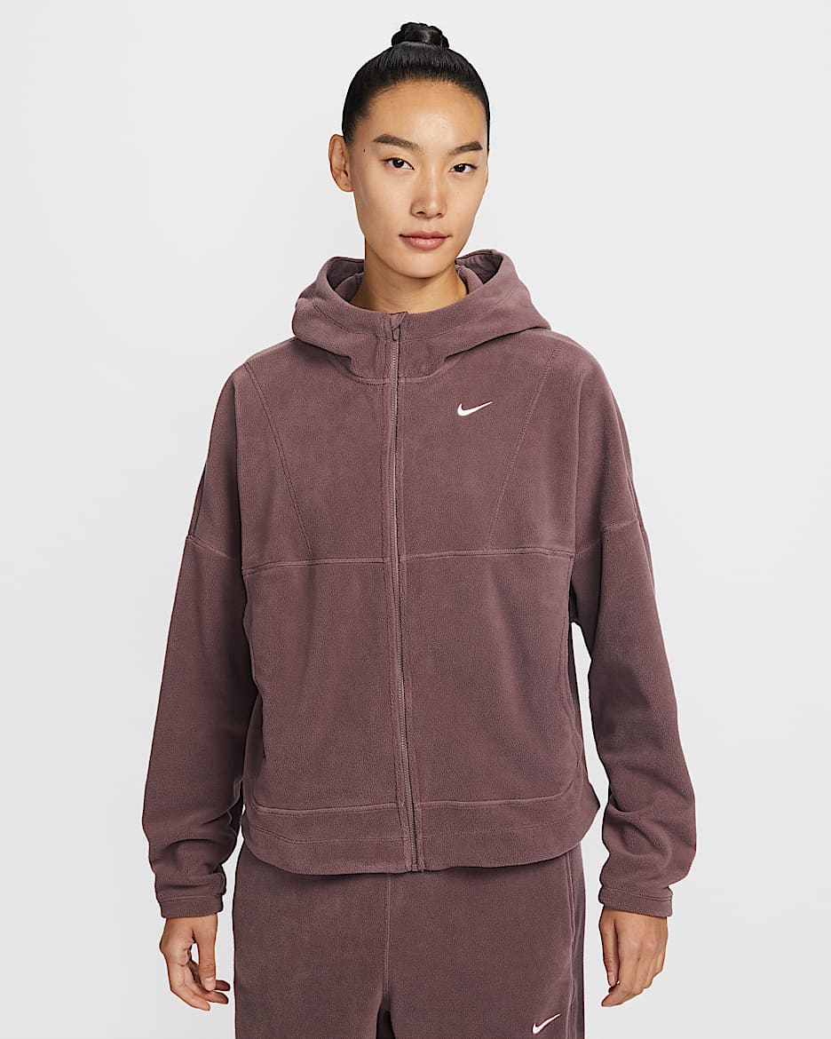 Nike One Therma-FIT 女子摇粒绒全长拉链开襟上衣 - 图腾黑紫/白色