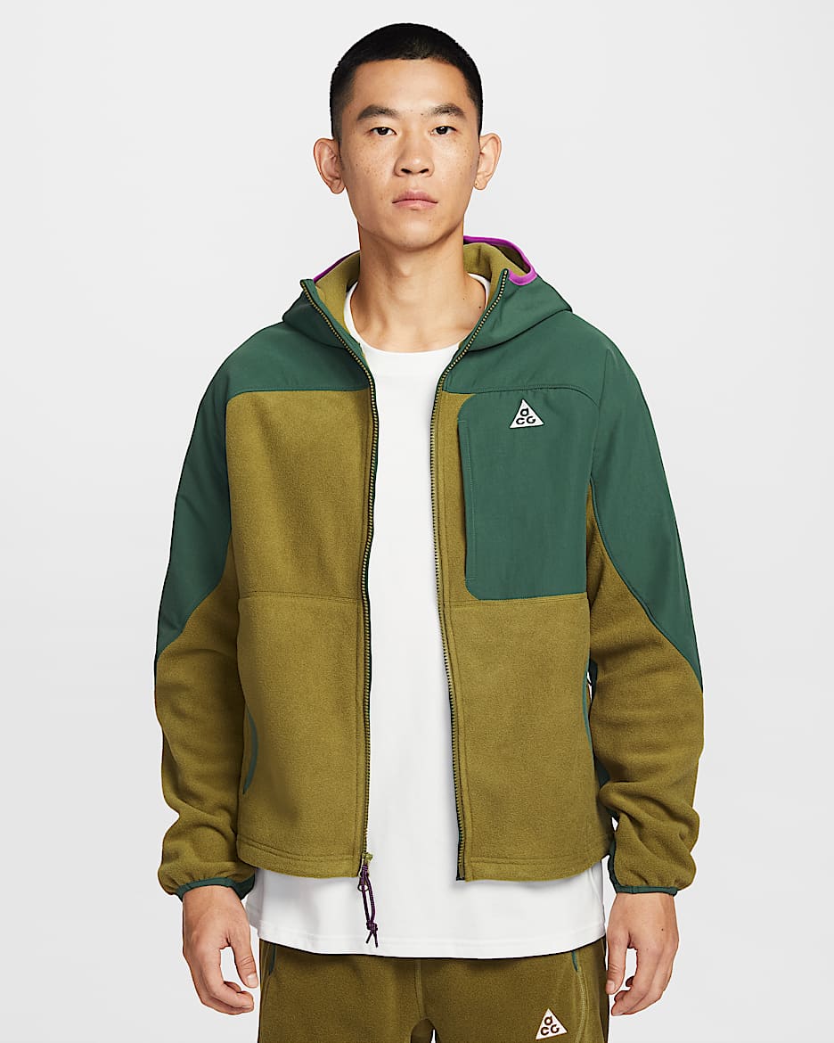 Nike ACG "Wolf Tree" Plus 男子全长拉链开襟宽松摇粒绒连帽上衣 - 冷杉绿/高射炮橄榄绿/明亮紫/山峰白