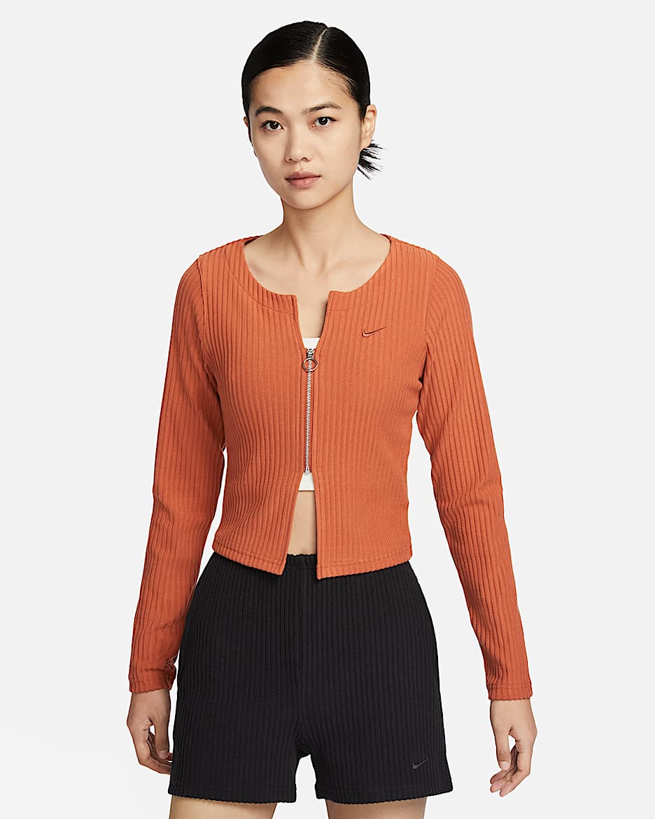 Nike Sportswear Chill Rib 女子修身拉链开襟开衫 - 日出火红/日出火红
