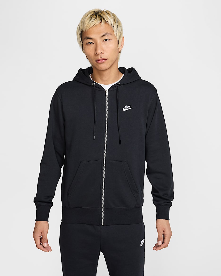 Nike Club 男子全长拉链开襟法式毛圈连帽衫 - 黑/黑/白色