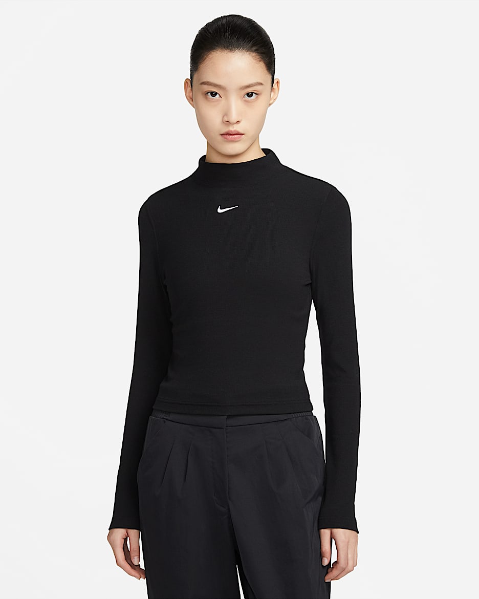 Nike Sportswear Essential 女子罗纹企领长袖上衣 - 黑/白色