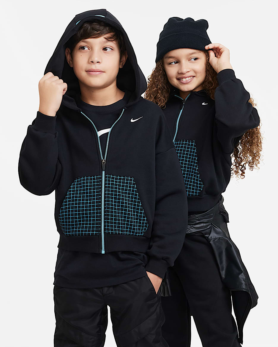Nike Sportswear 大童全长拉链开襟加绒连帽衫 - 黑