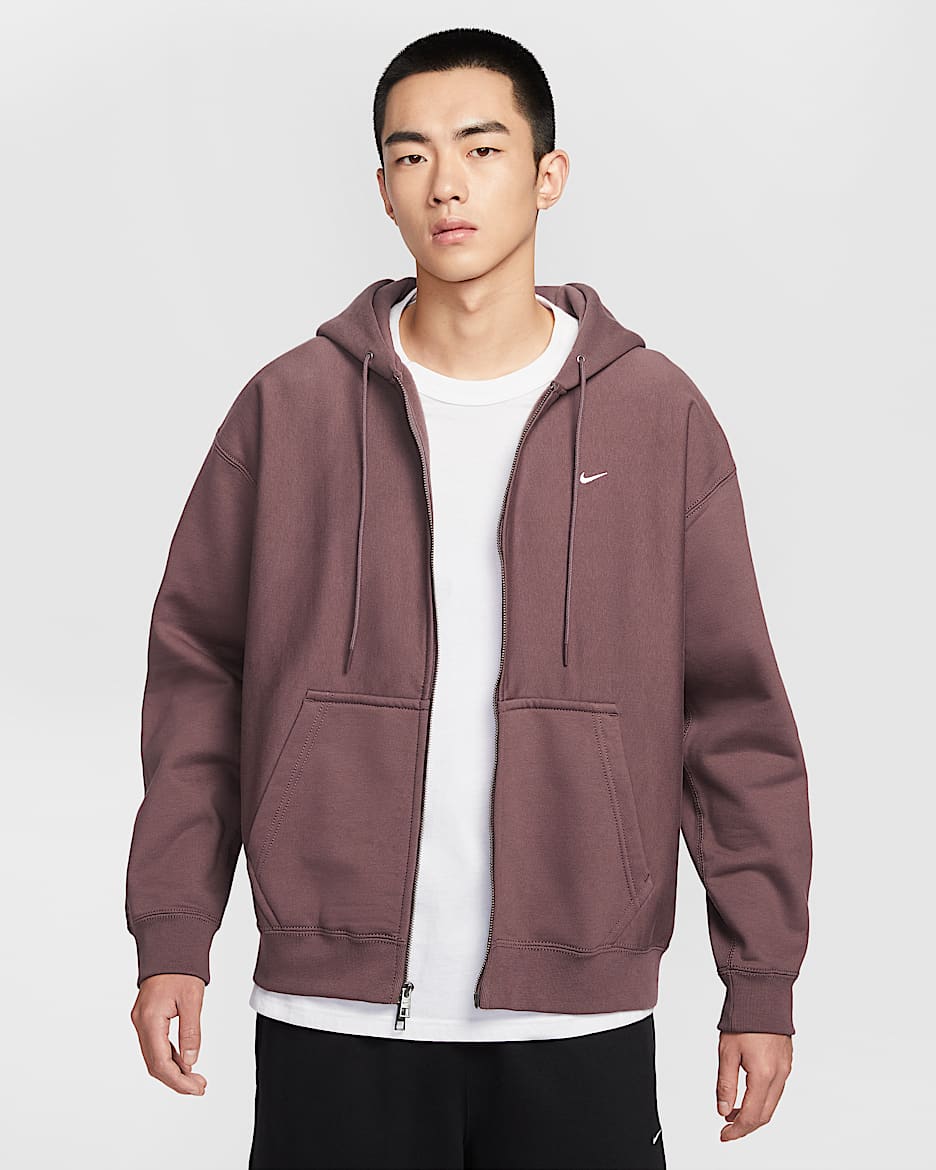 Nike Solo Swoosh 男子全长拉链开襟加绒连帽衫 - 图腾黑紫/白色