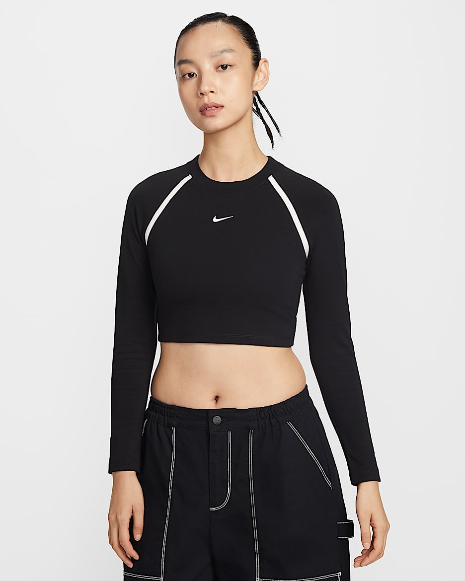 Nike Sportswear 女子紧身长袖短款上衣 - 黑/黑/粉白/粉白