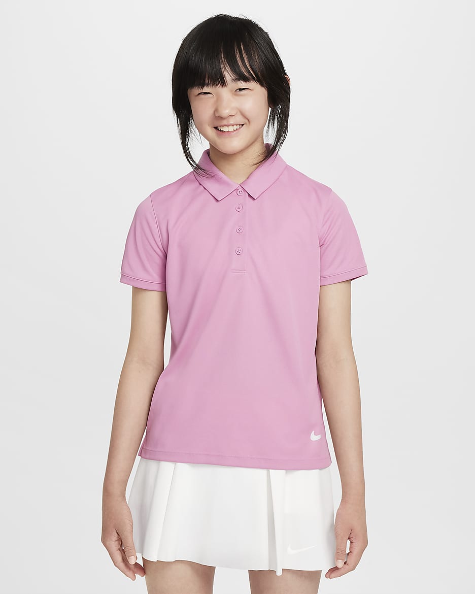 Nike Dri-FIT Victory 大童（女孩）速干高尔夫翻领T恤 - 神秘火烈鸟红/白色