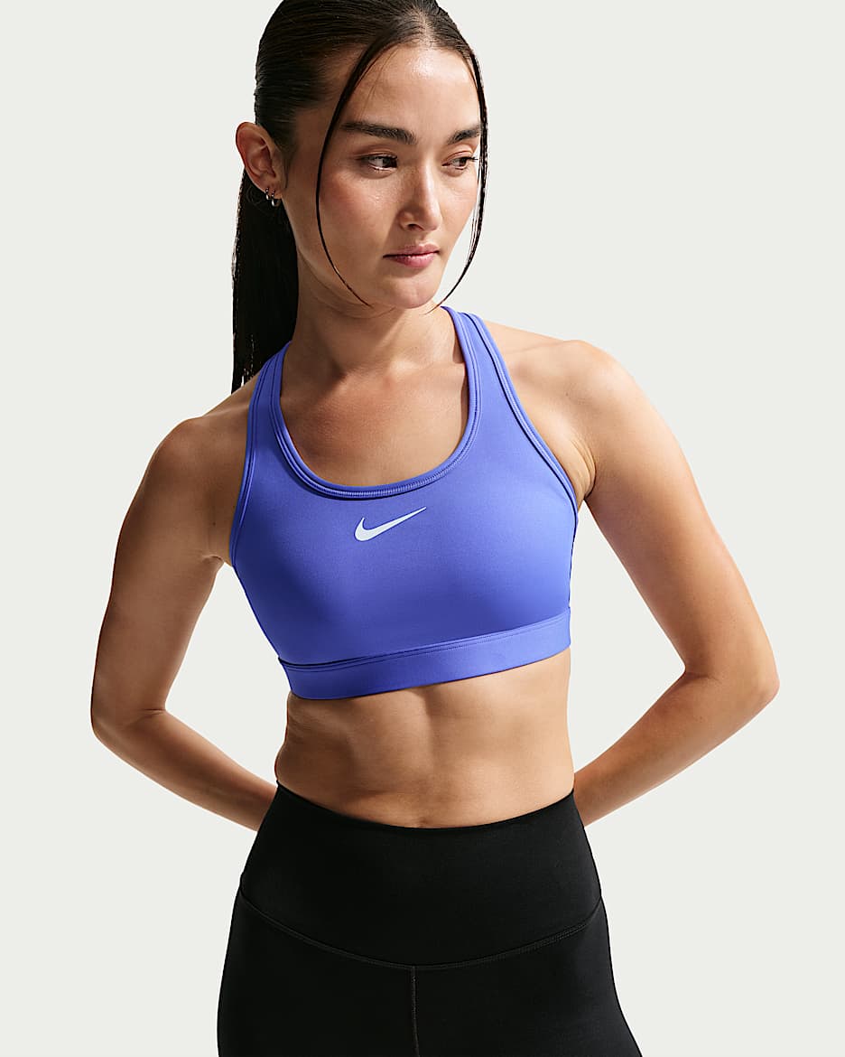 Nike Swoosh 女子中强度支撑速干衬垫运动内衣 - 宝石蓝/白色