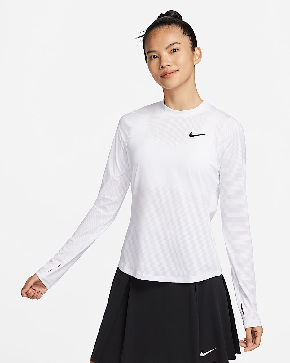 Nike Dri-FIT UV Victory 女子防晒速干长袖印花高尔夫上衣 - 白色/黑