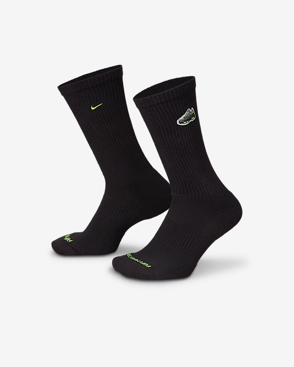 Nike Everyday Cushioned 速干中筒运动袜（1 双） - 黑/荧光黄