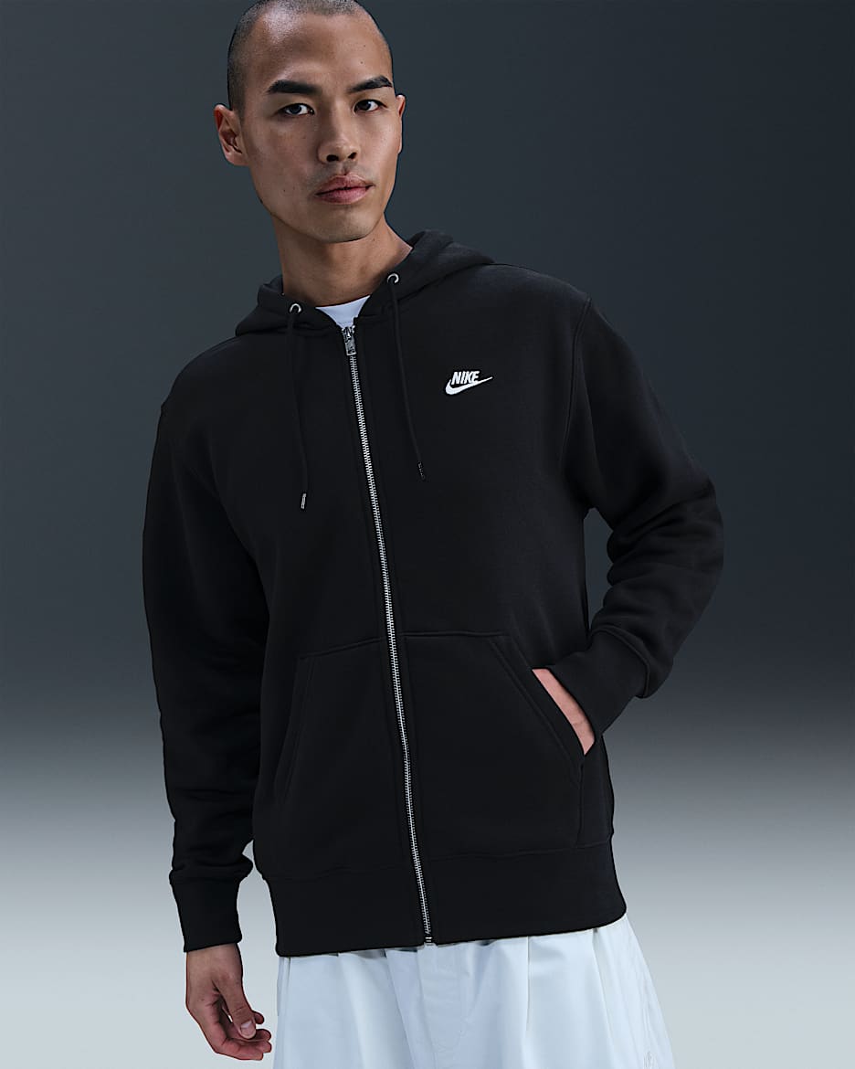 Nike Club 男子全长拉链开襟加绒连帽衫 - 黑/黑/白色