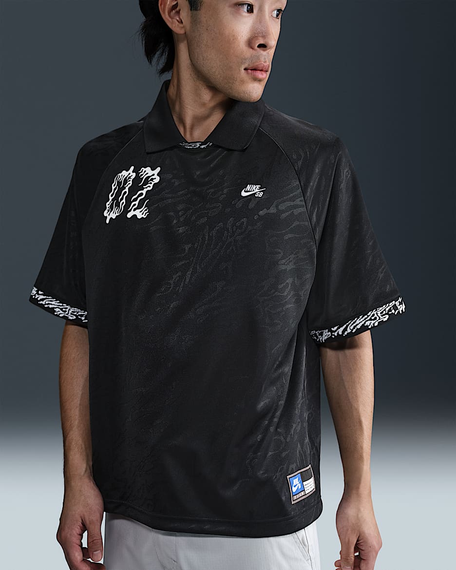 Nike SB Dri-FIT 男子速干提花滑板短袖翻领上衣 - 黑/黑/白色