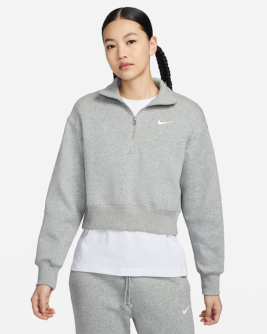 Nike Sportswear Phoenix Fleece 女子 Oversize 风半长拉链开襟短款加绒运动衫 - 调色暗灰/帆白