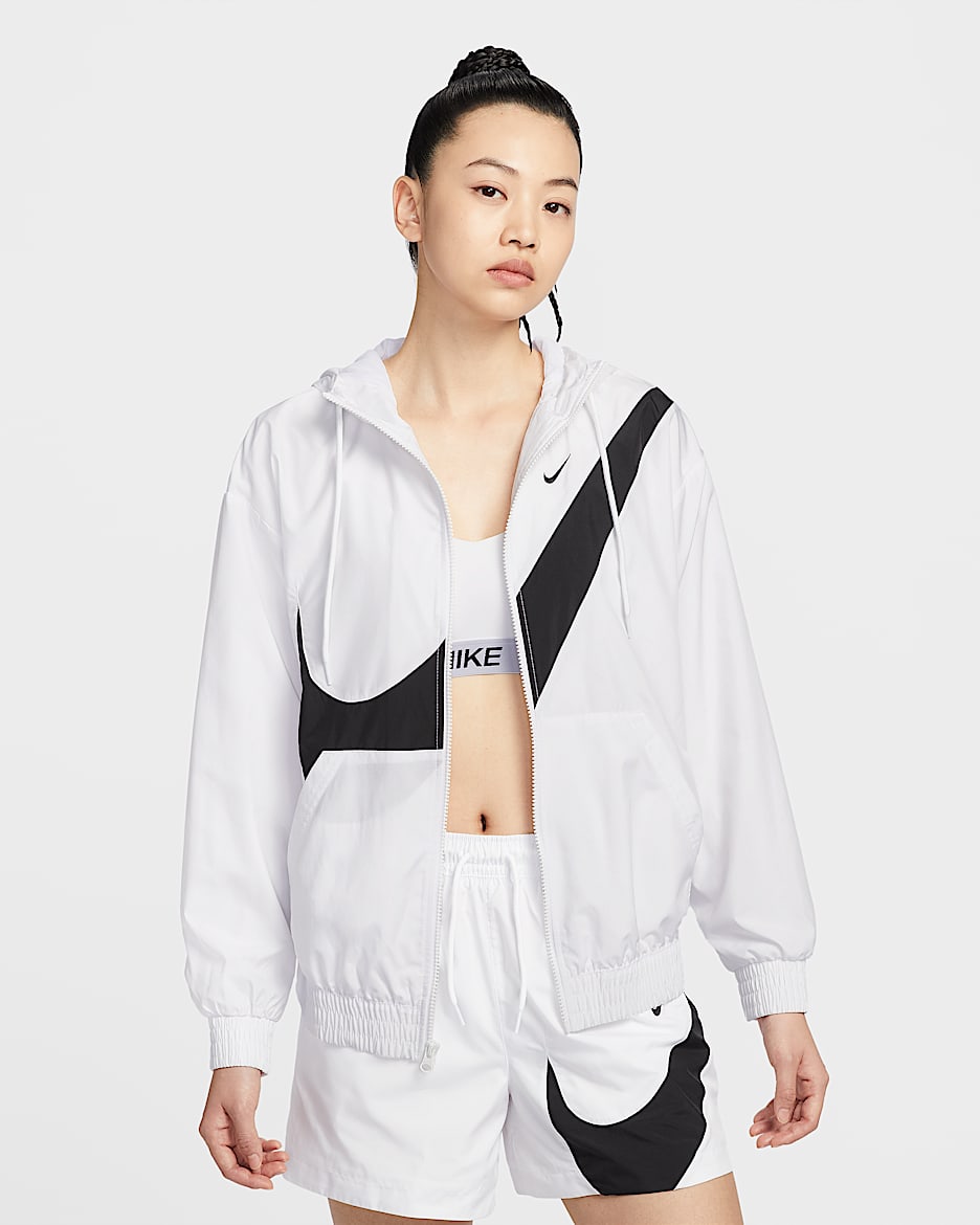 Nike Sportswear Classic 女子宽松全长拉链开襟标志夹克防晒衣 - 白色/黑