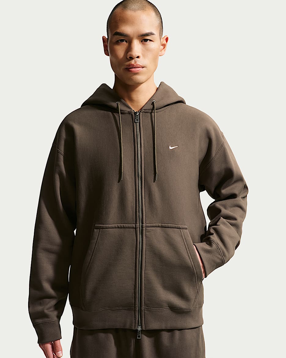 Nike Solo Swoosh 男子全长拉链开襟加绒连帽衫 - 暗褐/白色