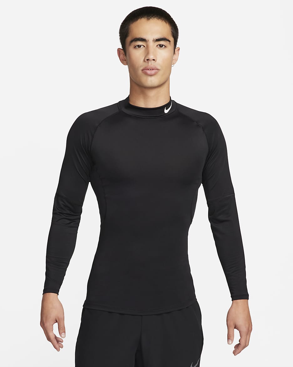 Nike Pro Dri-FIT 男子速干企领长袖紧身训练上衣 - 黑/白色