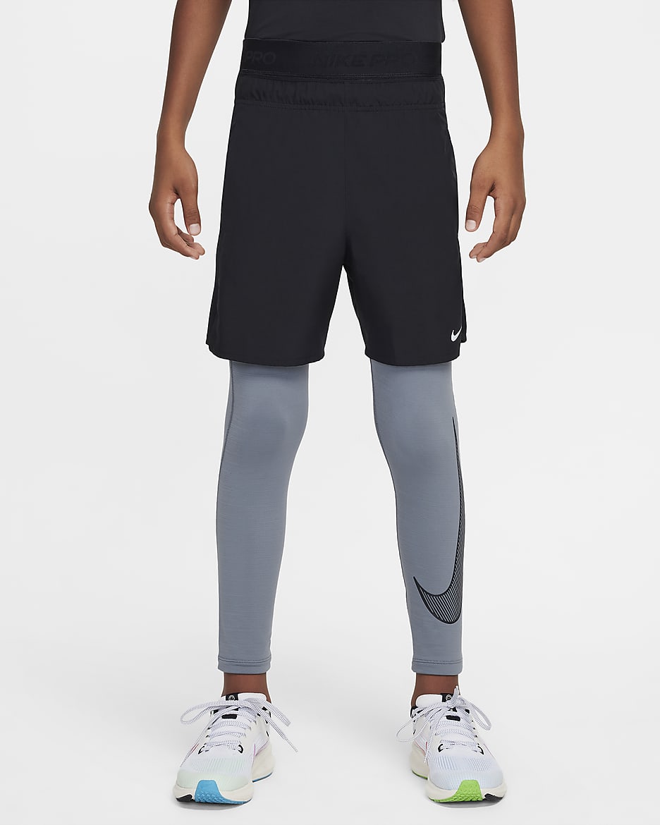Nike Pro Warm Dri-FIT 大童（男孩）速干薄绒训练紧身裤 - 烟灰/黑