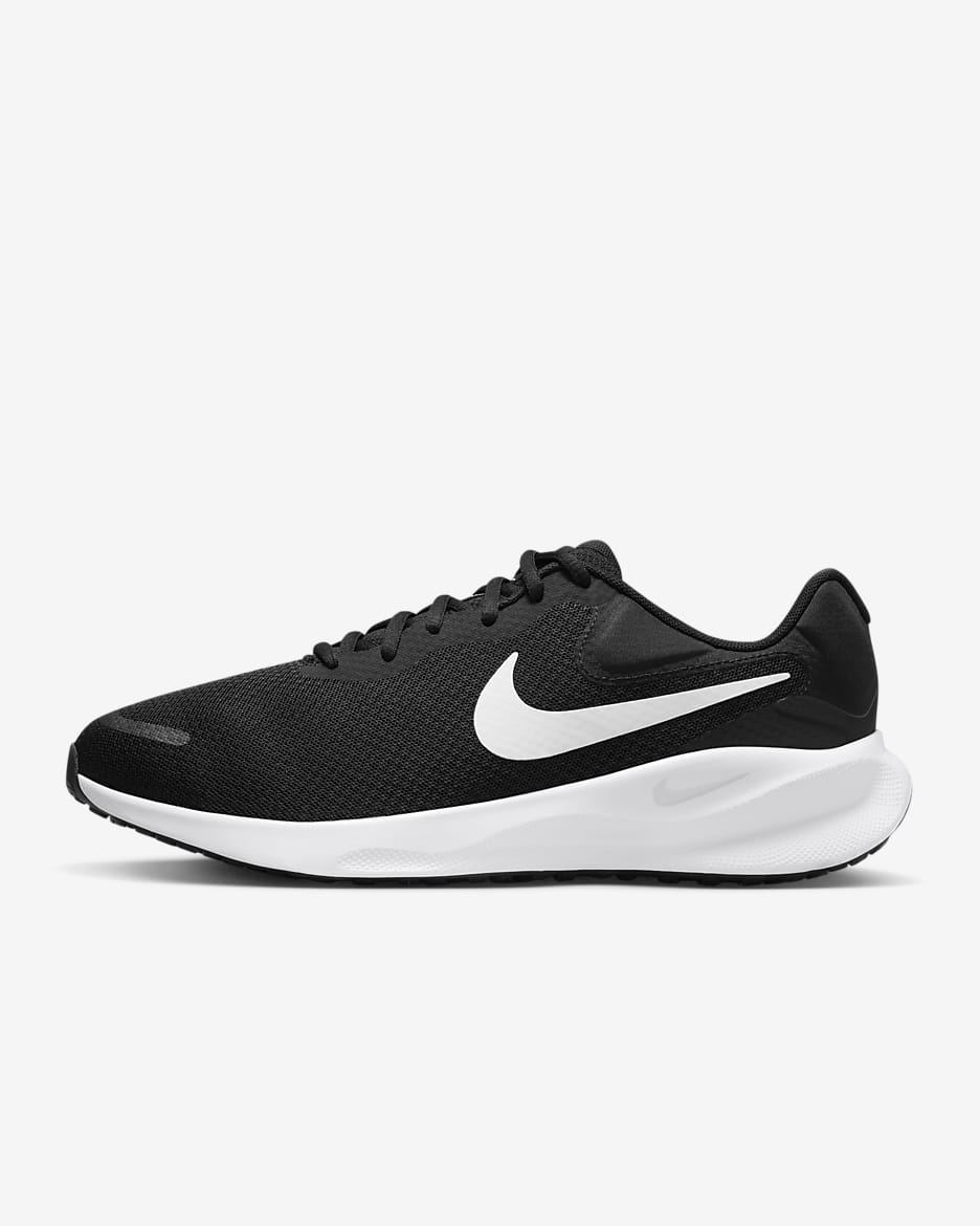 Nike Revolution 7 男子缓震厚底公路跑步鞋（宽版） - 黑/白色