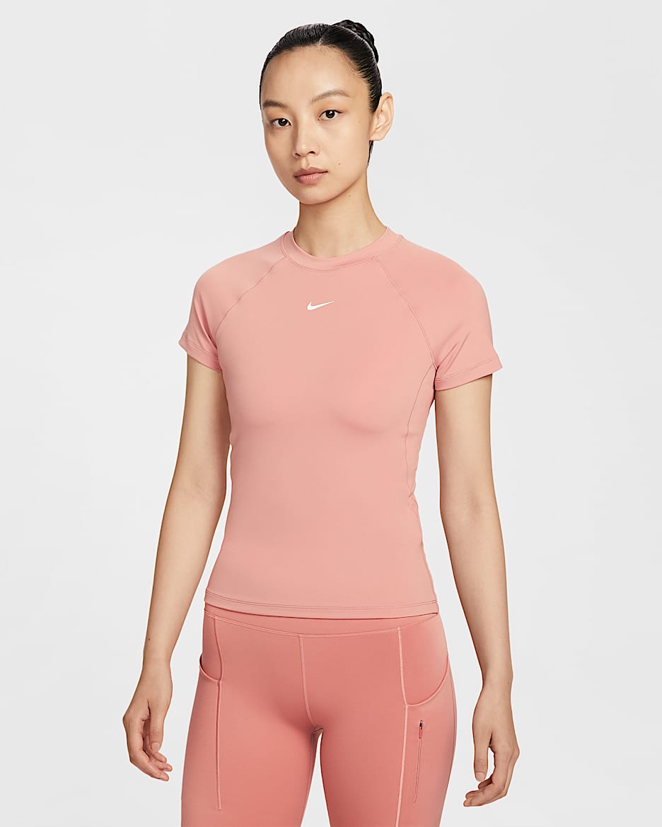 Nike Pro Dri-FIT 女子速干紧身短袖训练上衣 - 锈粉/白色