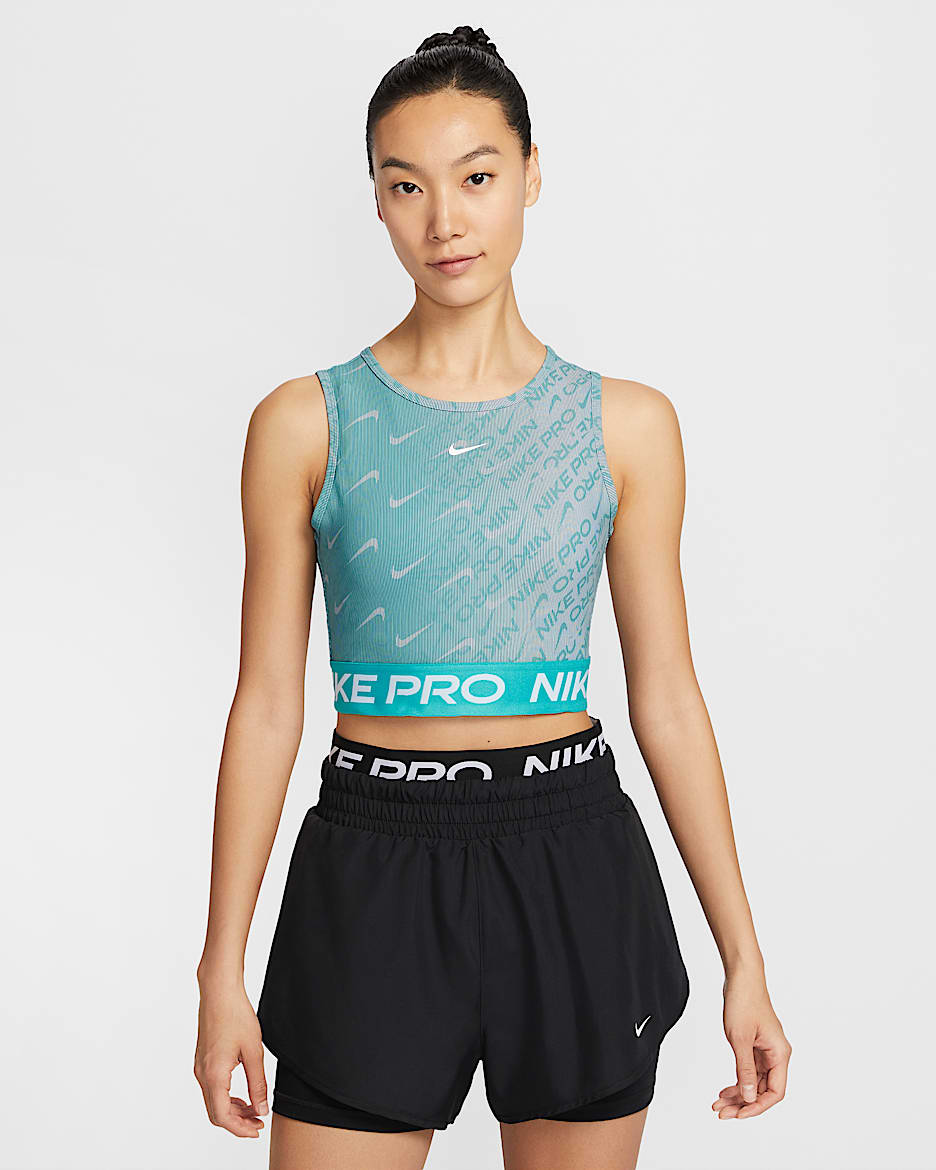 Nike Pro Dri-FIT 女子速干短款印花训练背心 - 仙人掌绿/烟灰蓝/白色