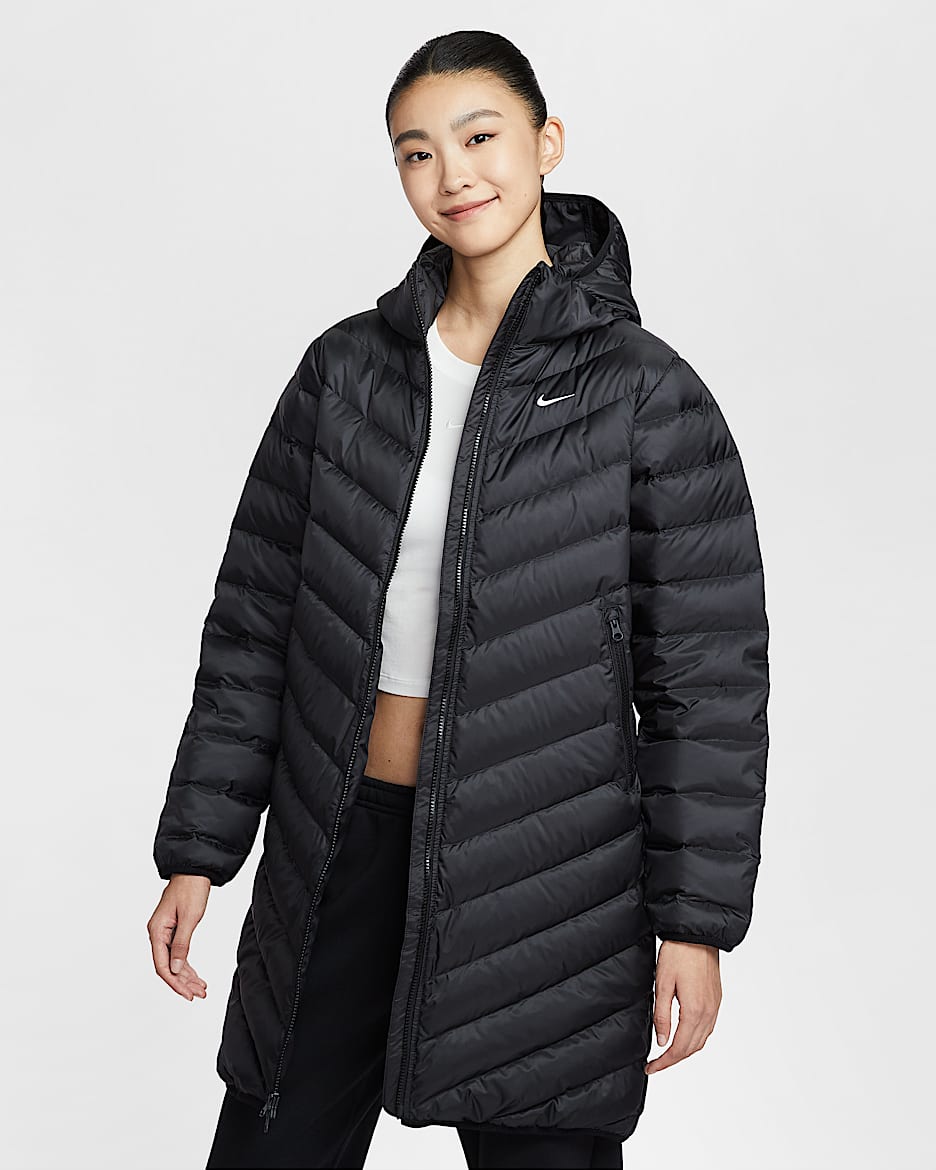 Nike Sportswear Windpuffer Therma-FIT 女子拒水连帽羽绒外套 - 黑/帆白