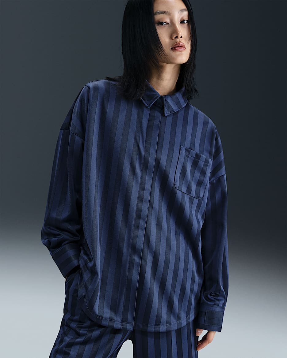 Nike Sportswear 女子 Oversize 风提花条纹按扣衬衫 - 深藏青/黑曜石色