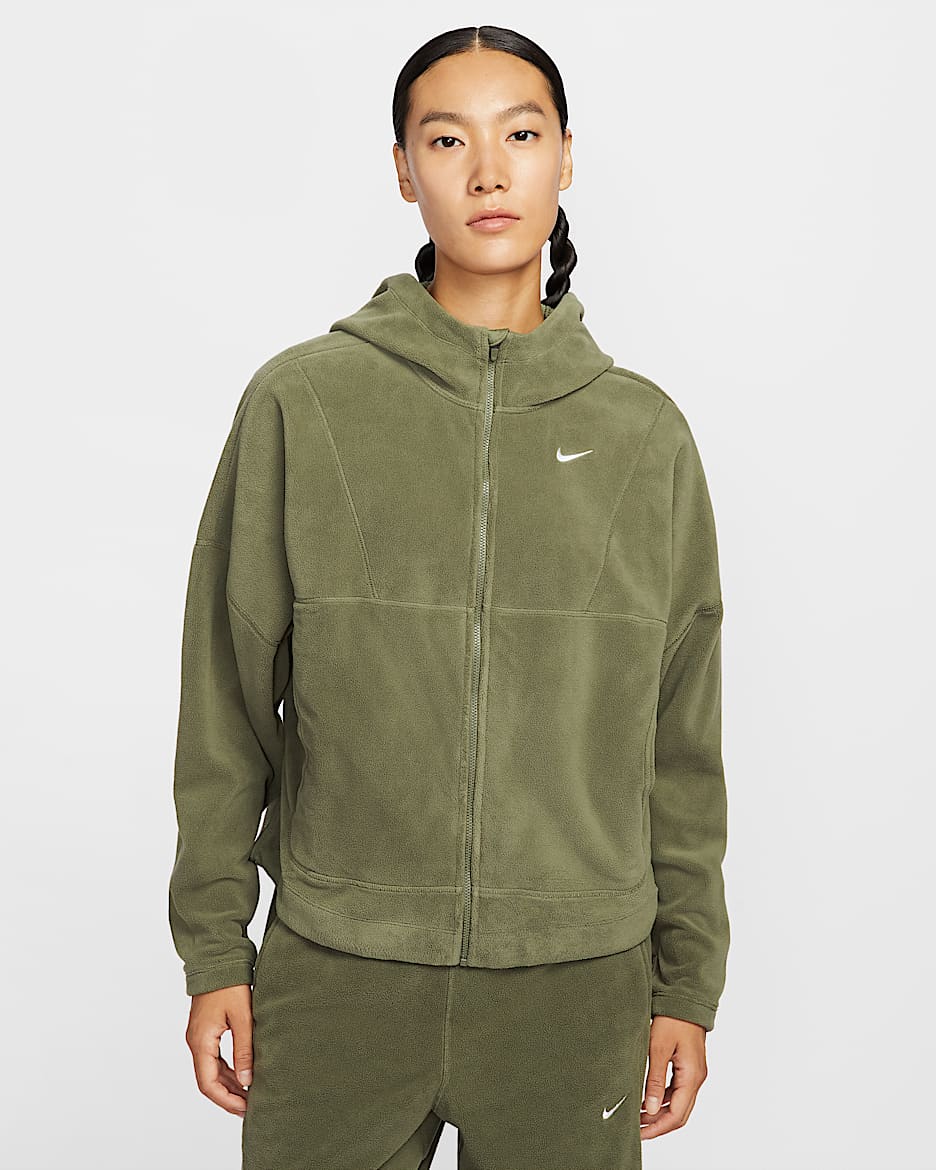 Nike One Therma-FIT 女子摇粒绒全长拉链开襟上衣 - 中橄榄绿/白色