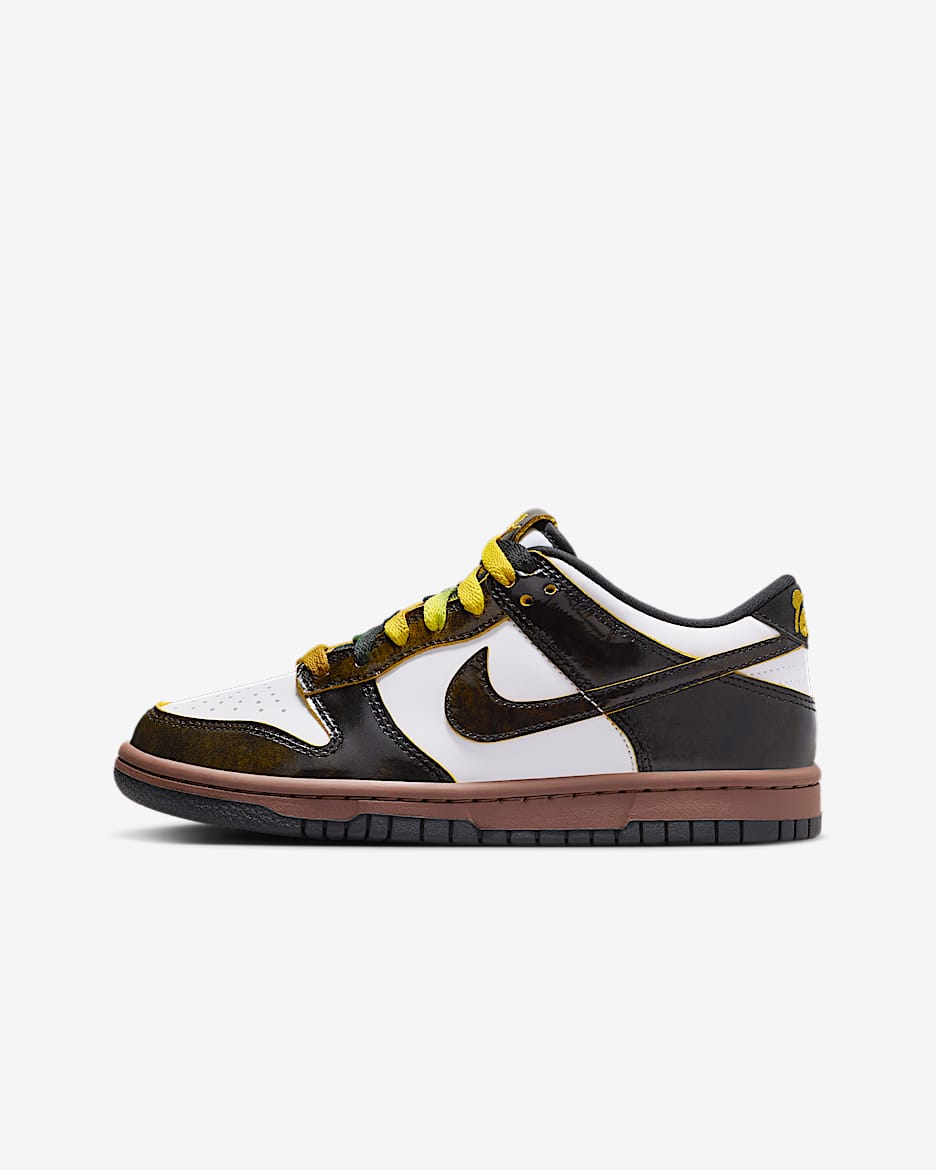Nike Dunk Low SE 大童运动鞋 - 白色/黑/动物群棕/亮黄