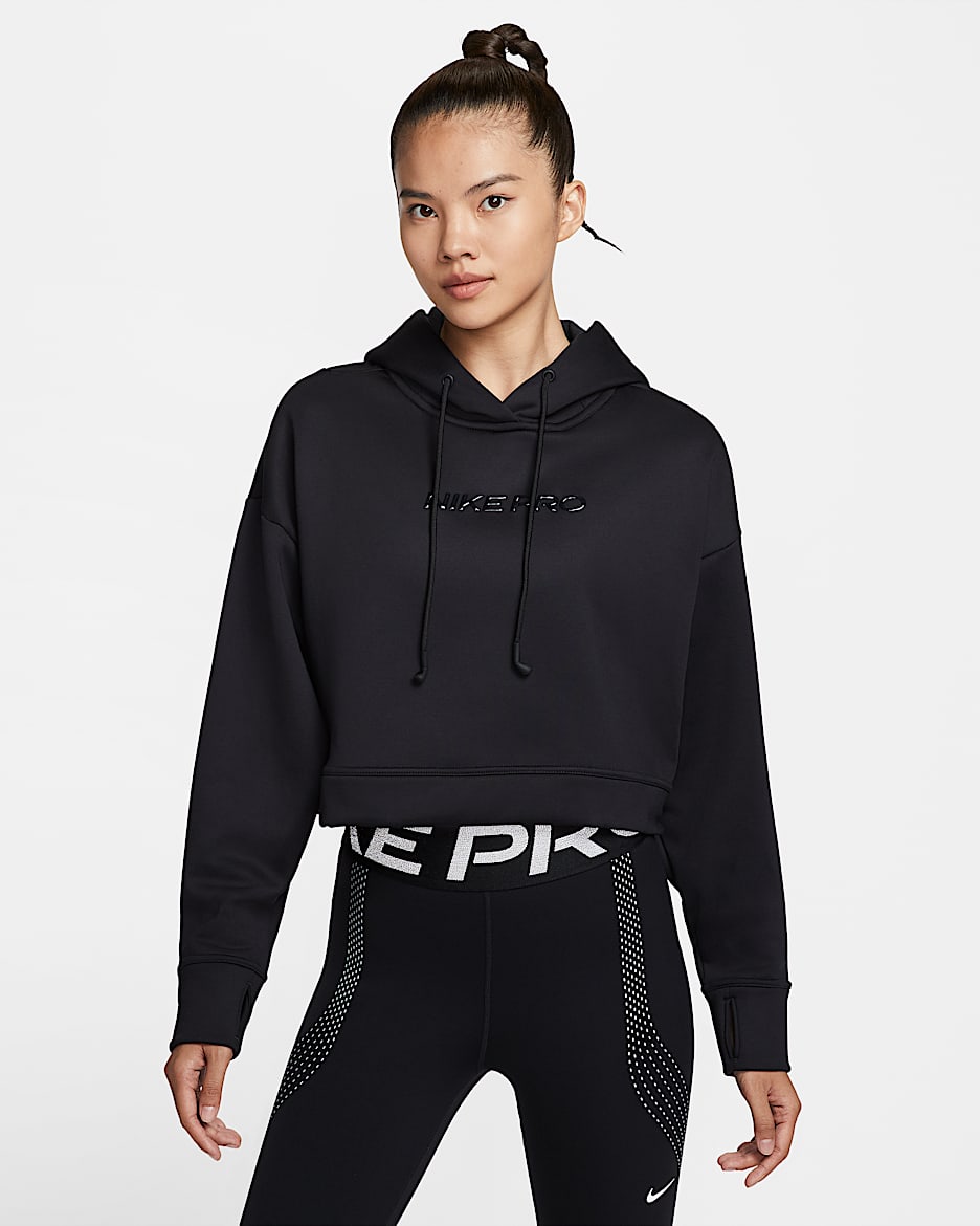 Nike Pro Therma-FIT 女子加绒训练连帽衫 - 黑/白色