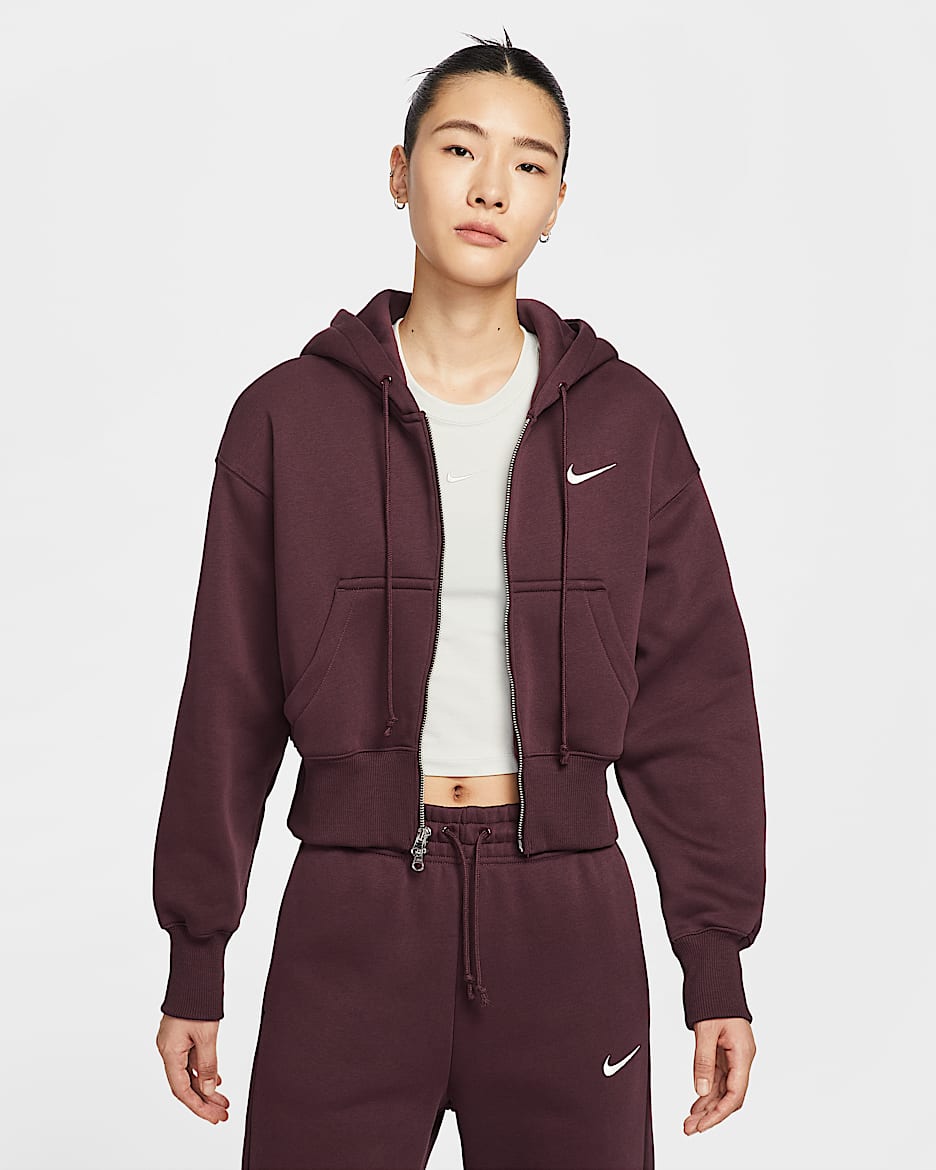 Nike Sportswear Phoenix Fleece 女子宽松全长拉链开襟短款加绒连帽衫 - 鲜亮勃艮第酒红/帆白