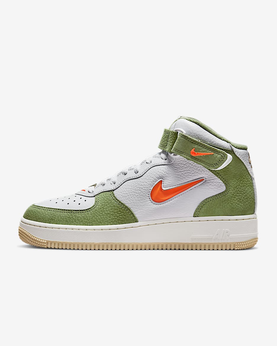 Nike Air Force 1 Mid QS 男子空军一号运动鞋 - 白色/油绿/帆白/荷兰橙
