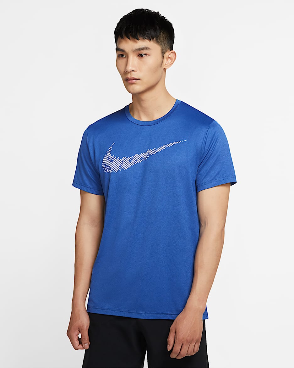 Nike Dri-FIT 男子印花短袖训练上衣 - 黑曜石色/游戏宝蓝/调色/白色