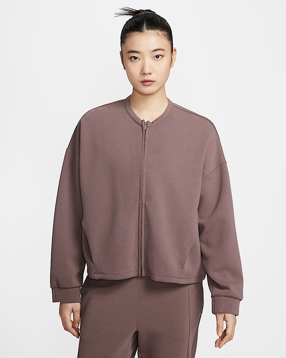 Nike 24.7 ImpossiblySoft Dri-FIT 超感柔软女子 Oversize 风速干圆领全长拉链开襟上衣 - 图腾黑紫/图腾黑紫/鲜亮勃艮第酒红