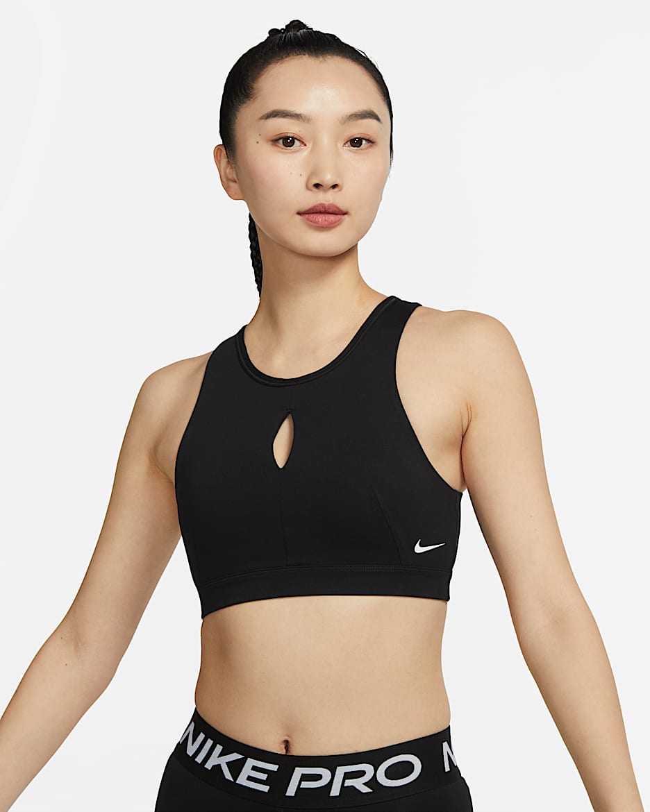 Nike Swoosh 女子中强度支撑高领口镂空运动内衣 - 黑/白色