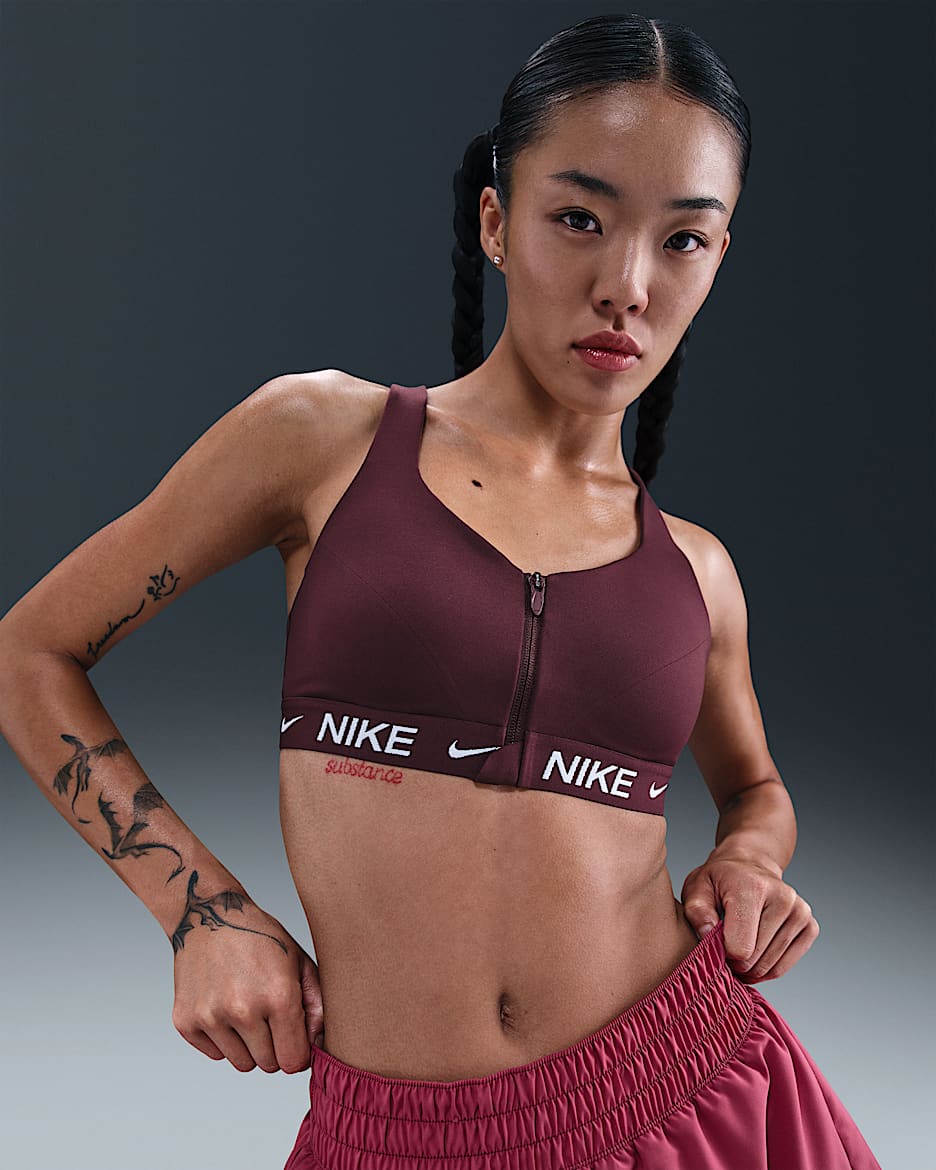 Nike Indy 女子速干高强度支撑衬垫前拉链运动内衣 - 鲜亮勃艮第酒红