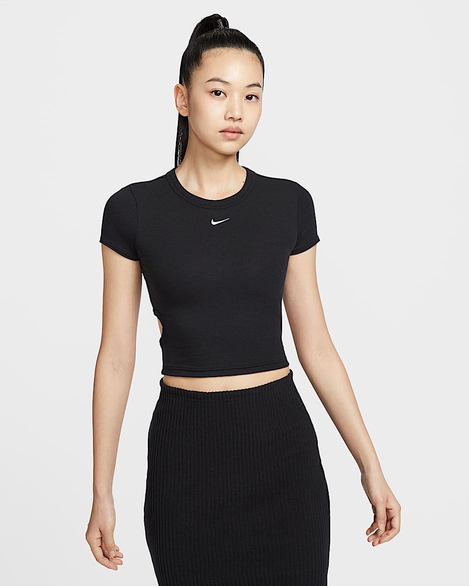 Nike Sportswear Chill Knit 女子紧身短袖短款细罗纹上衣 - 黑/帆白