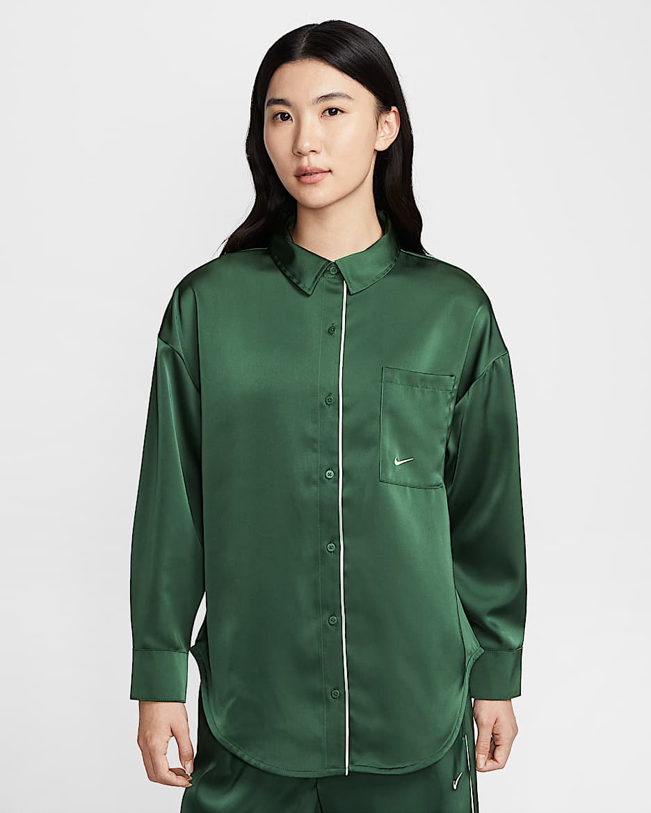 Nike Sportswear 女子 Oversize 风缎面长袖上衣 - 冷杉绿/帆白