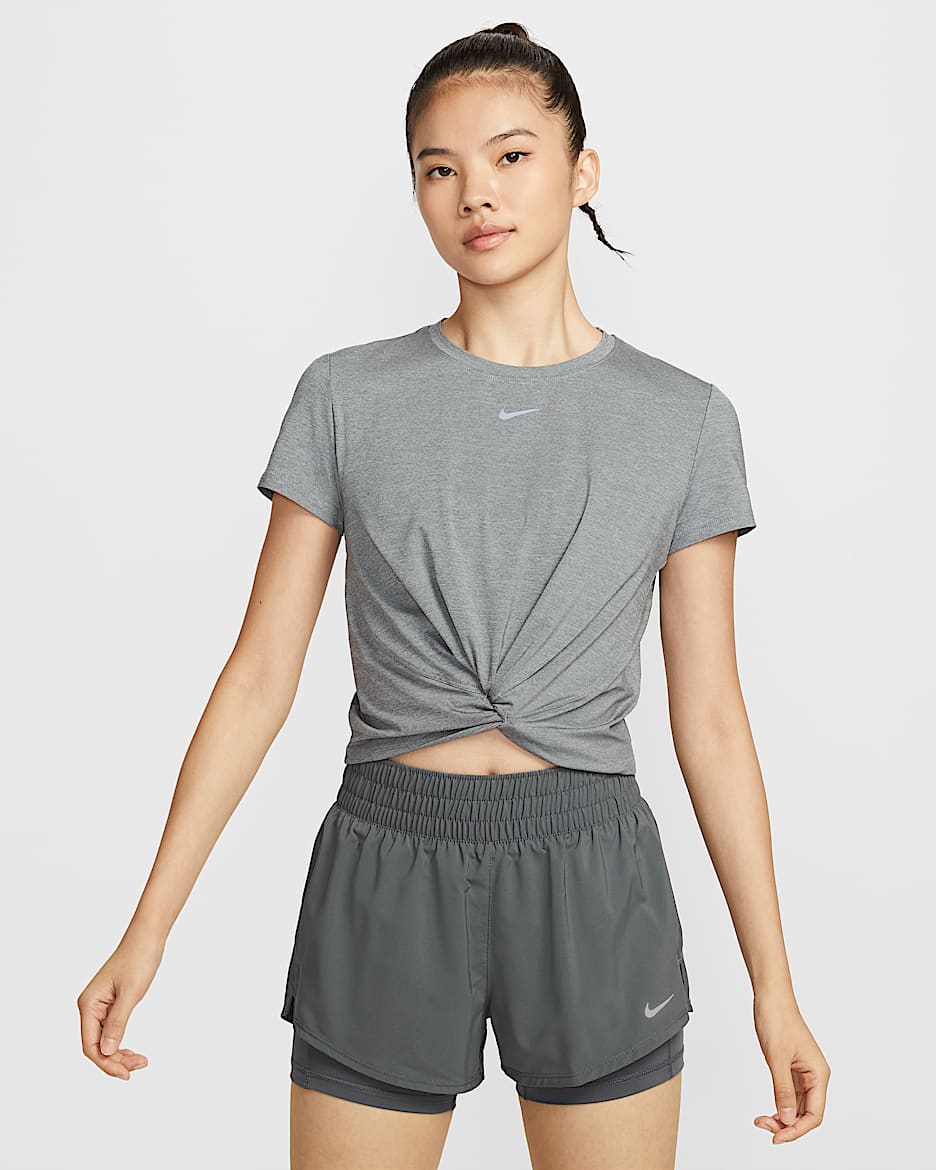 Nike One Classic Twist Dri-FIT 女子速干扭结设计短袖上衣 - 烟灰/调色/黑