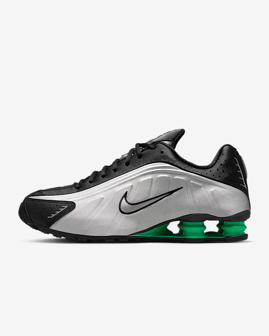 Nike Shox R4 男子气柱运动鞋 - 金属银/黑/惊喜绿/金属银