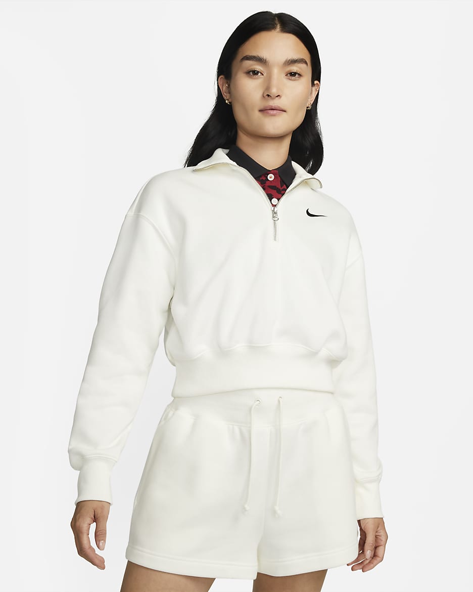 Nike Sportswear Phoenix Fleece 女子 Oversize 风半长拉链开襟短款加绒运动衫 - 帆白/黑