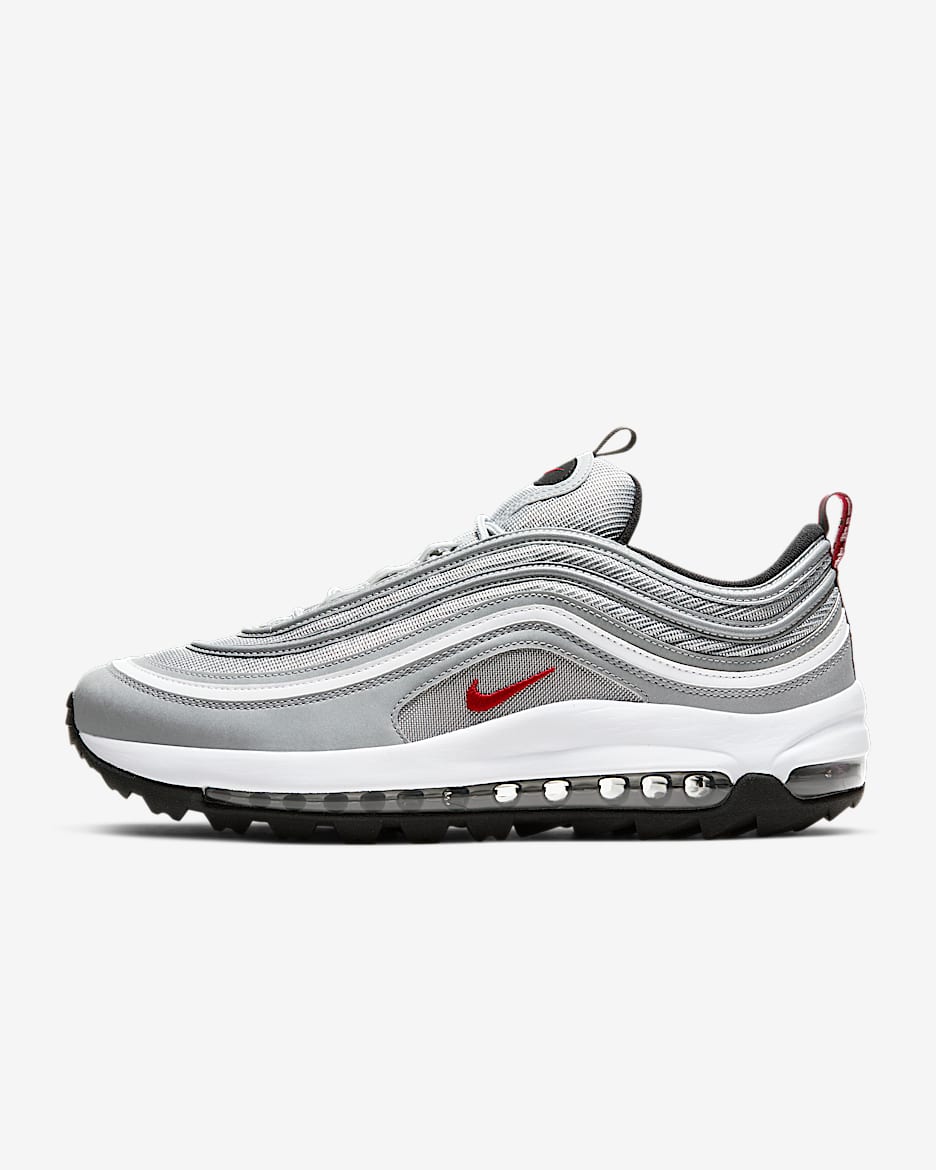 Nike Air Max 97 G 男/女高尔夫球鞋 - 金属银/白色/黑/大学红