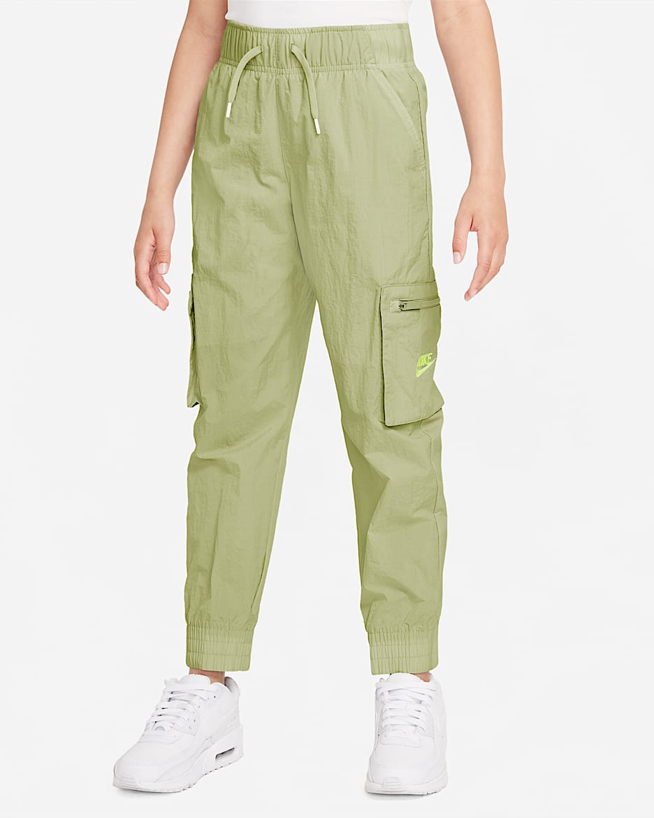 Nike Sportswear 大童（女孩）梭织工装长裤 - 浅橄榄绿/白色/原子绿