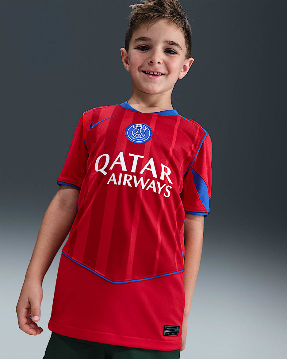 2025/26 赛季巴黎圣日耳曼第三球衣球迷版 Nike Dri-FIT Total 90 大童速干足球球衣 - 全球红/运动红/皇家蓝