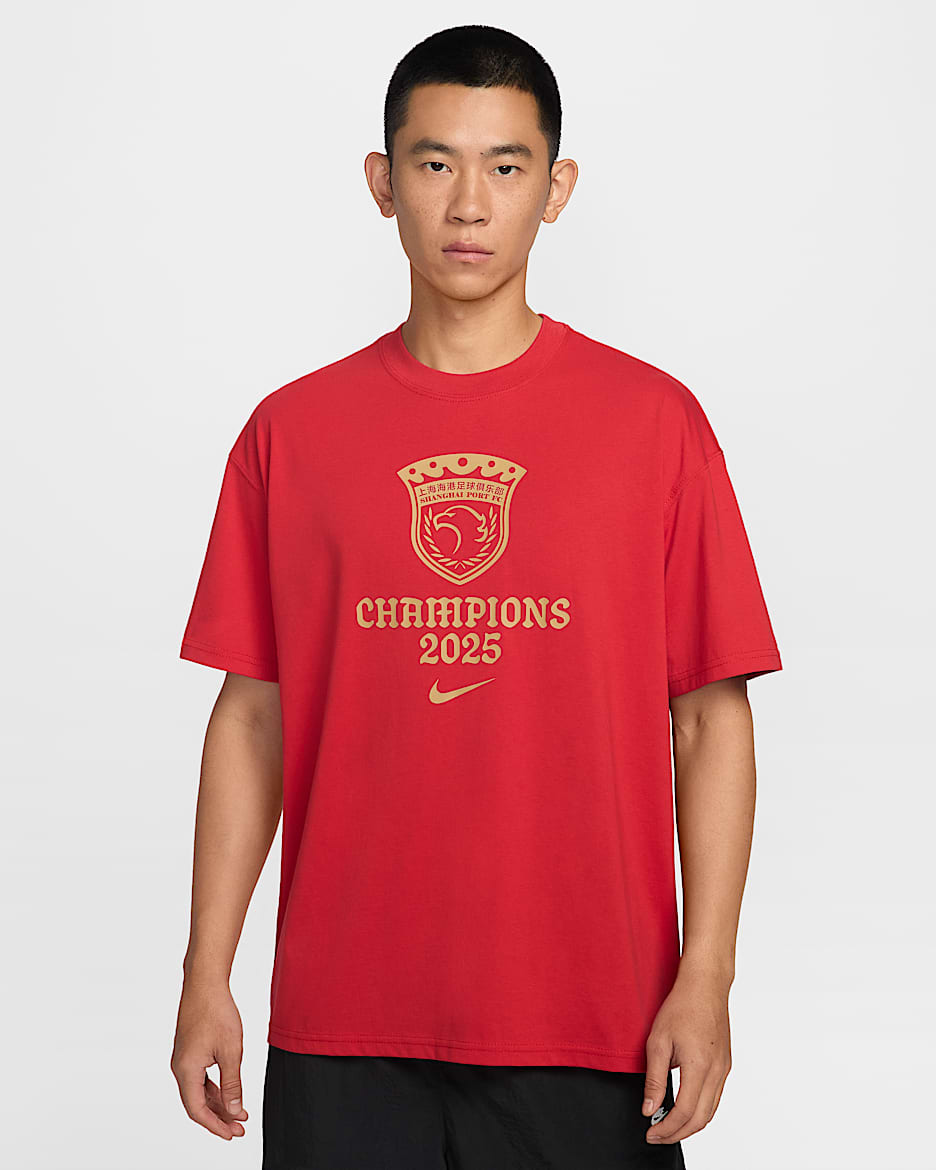 CSL 上海海港队中超冠军男子足球T恤 - 运动红/金属色