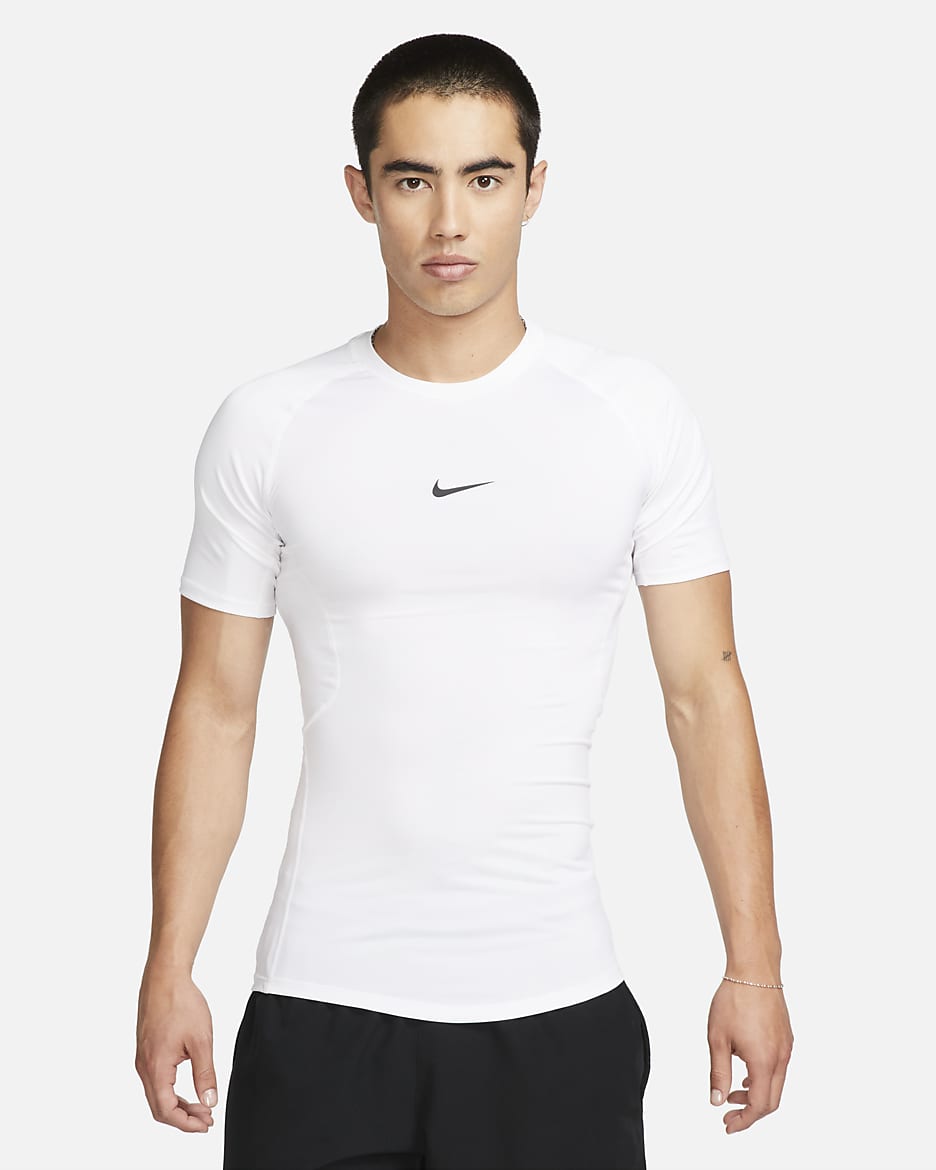 Nike Pro Dri-FIT 男子透气速干紧身短袖训练上衣 - 白色/黑