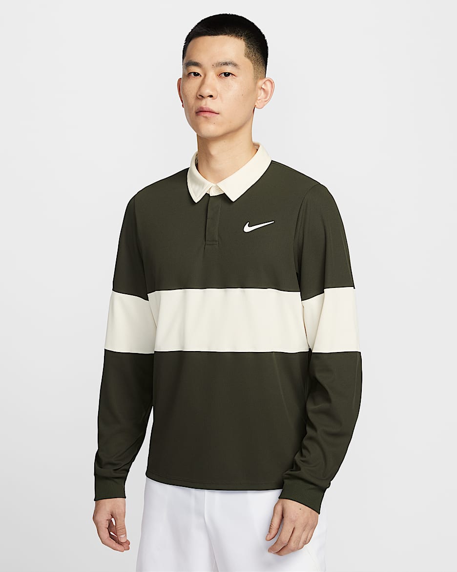 NikeCourt Slam Dri-FIT ADV 男子速干网球长袖翻领T恤 - 红杉绿/淡象牙白/白色