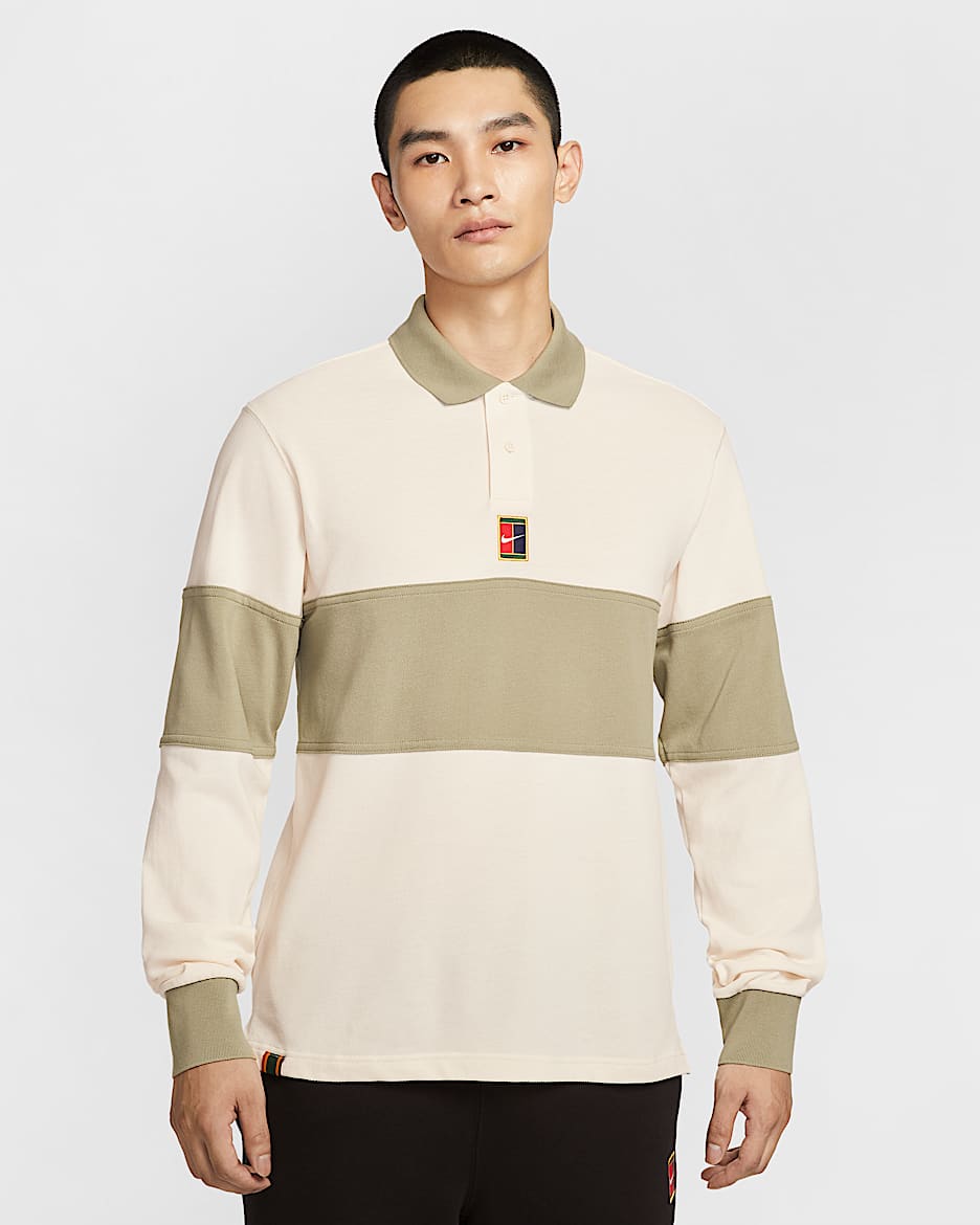 NikeCourt Heritage 男子网球长袖翻领T恤 - 淡象牙白/橄榄绿