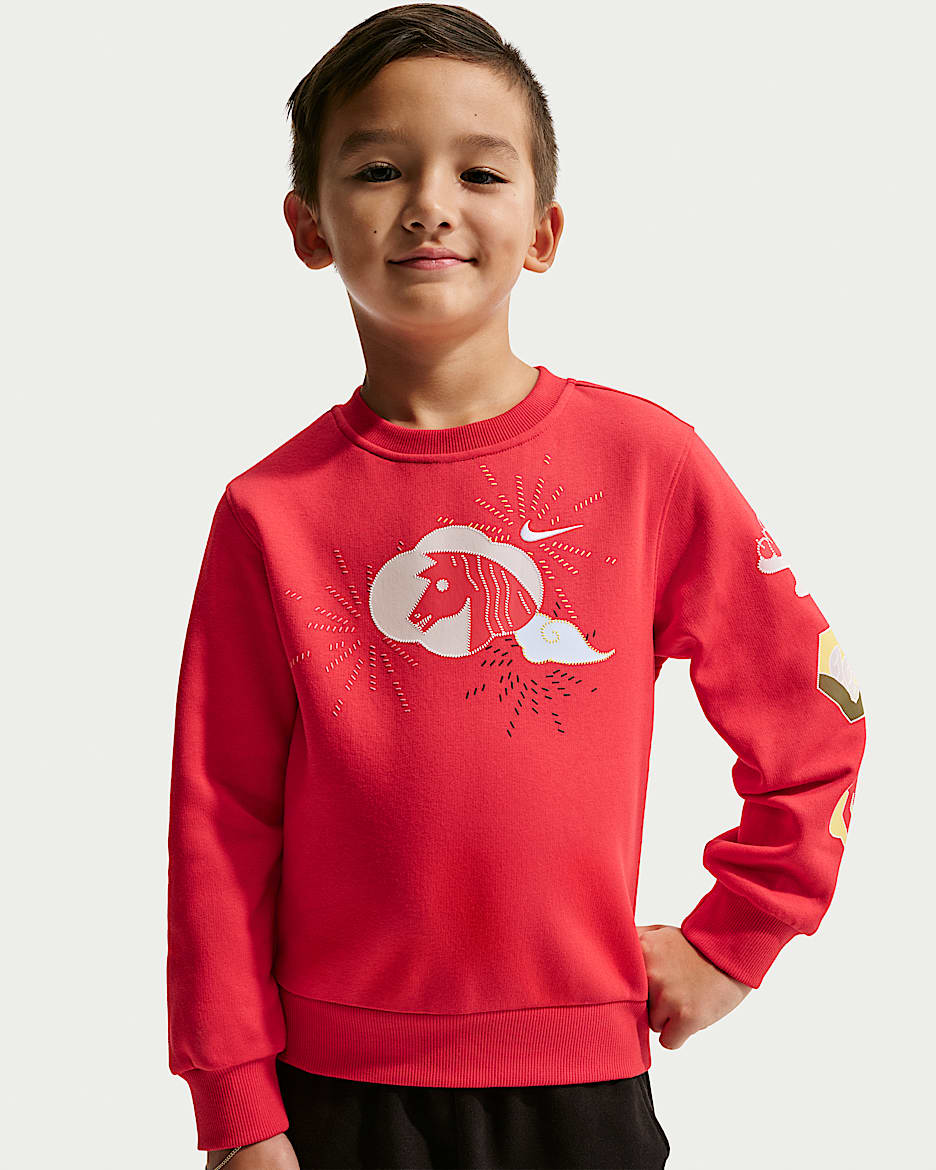 Nike Sportswear Club 马年限定脱缰系列新年款幼童加绒圆领上衣 - 大学红/白色/黄色/白色