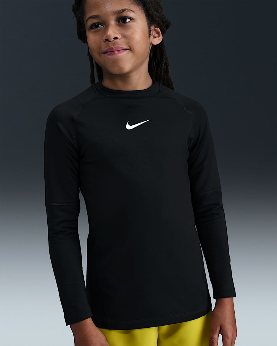Nike Pro Dri-FIT 大童(男孩)速干长袖薄绒圆领训练上衣 - 黑/白色
