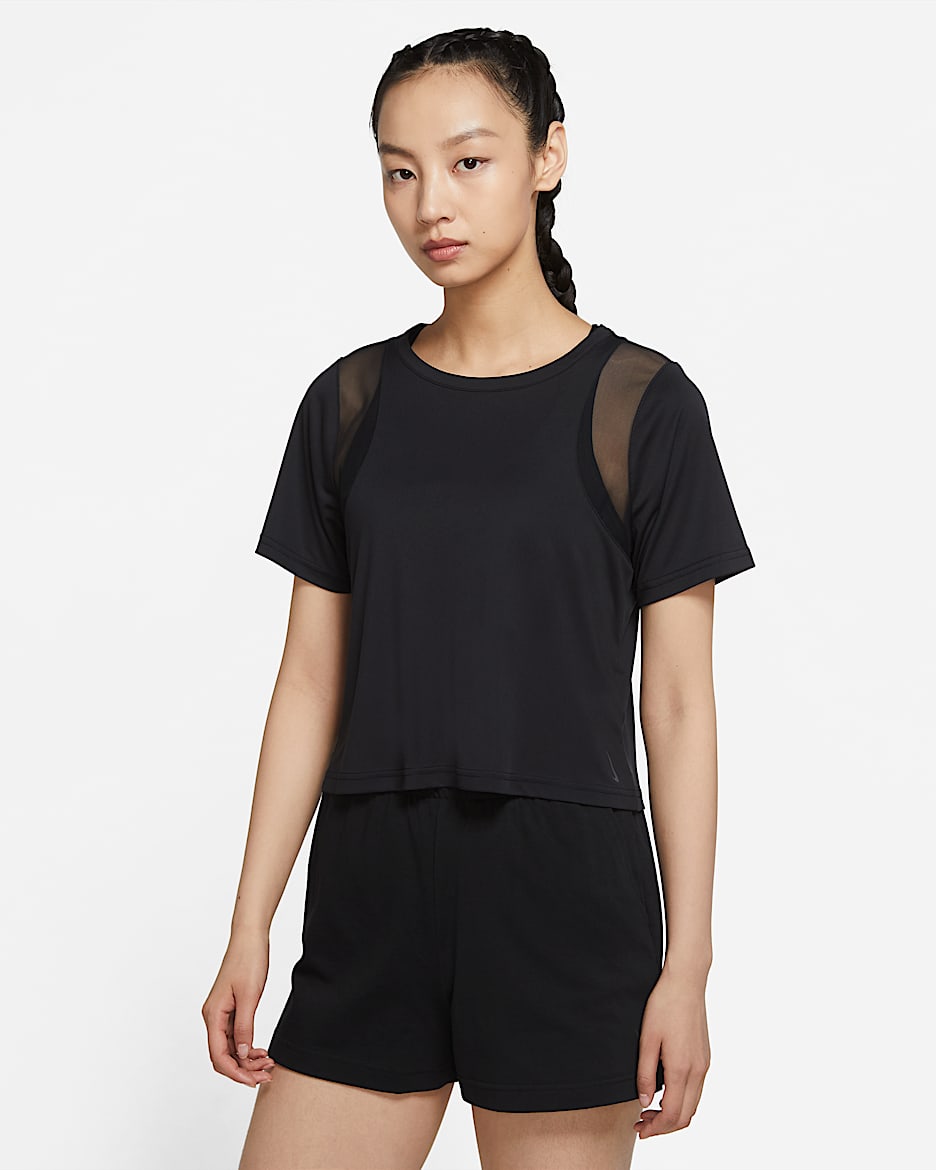 Nike Yoga Dri-FIT Mesh 女子短袖上衣 - 黑/暗烟灰