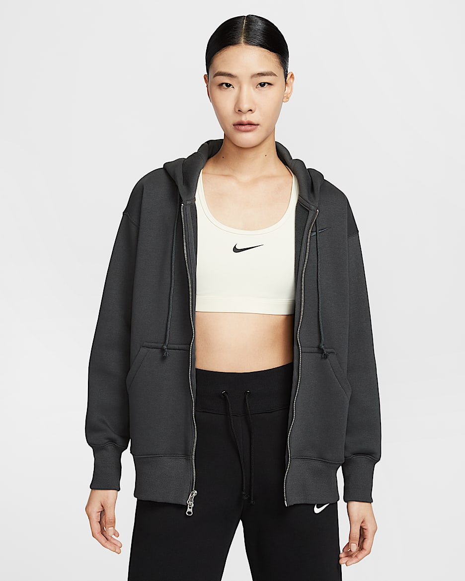 Nike Sportswear Phoenix Fleece 女子 Oversize 风全长拉链开襟加绒连帽衫 - 煤黑/煤黑
