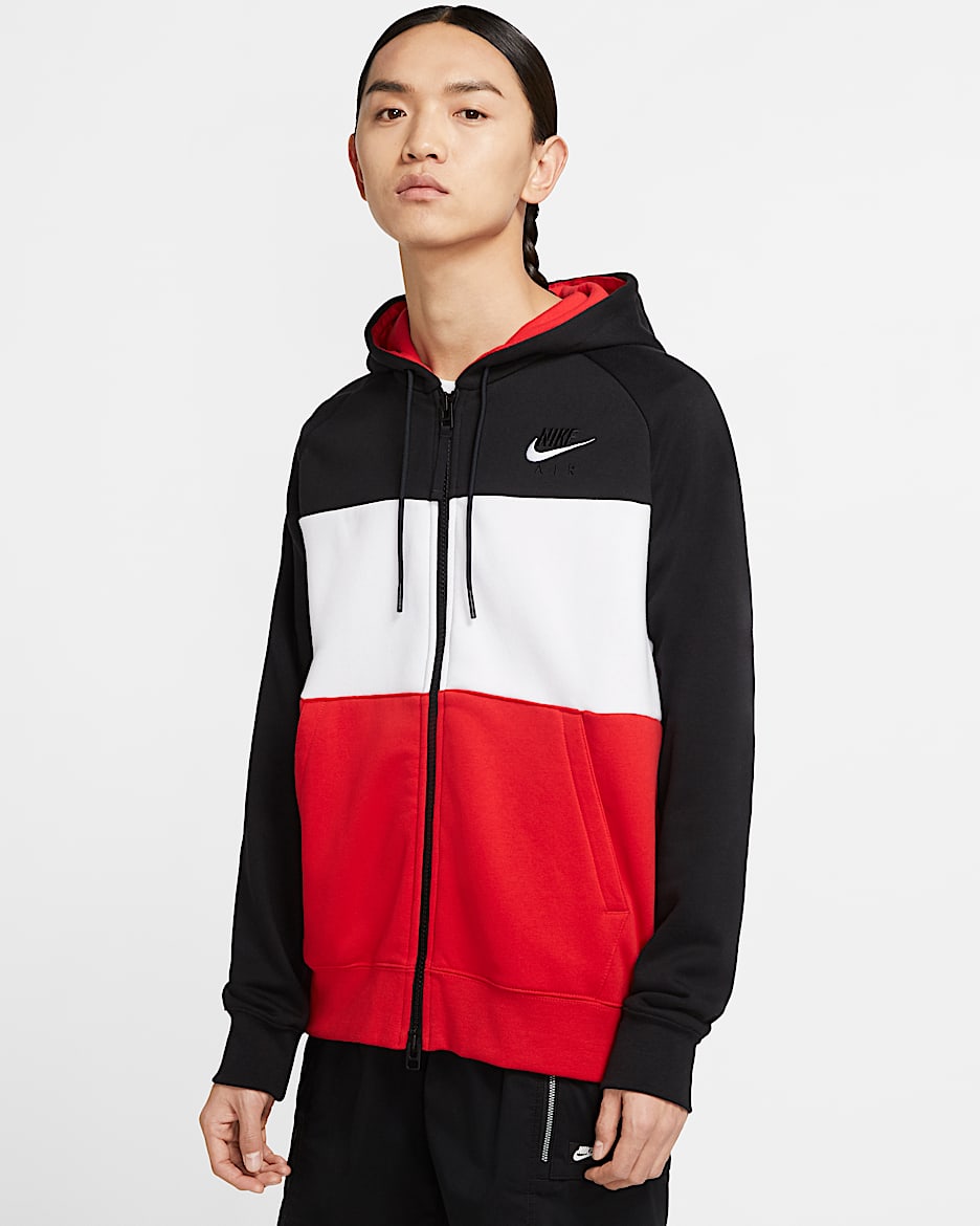 Nike Air 男子全长拉链开襟起绒连帽衫 - 黑/白色/大学红/白色